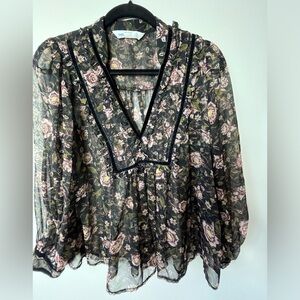 Zara Sheer Floral Blouse Women’s Size Small Black Long Sleeve Boho Peasant Top